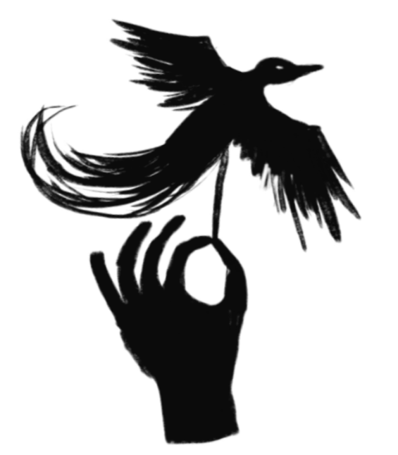 Wellington Puppetry Festival logo: silhouette of a hand holding a bird rod puppet. The rod is held between the first finger and thumb. The bird has it's wings extended and a long flowing tail.
